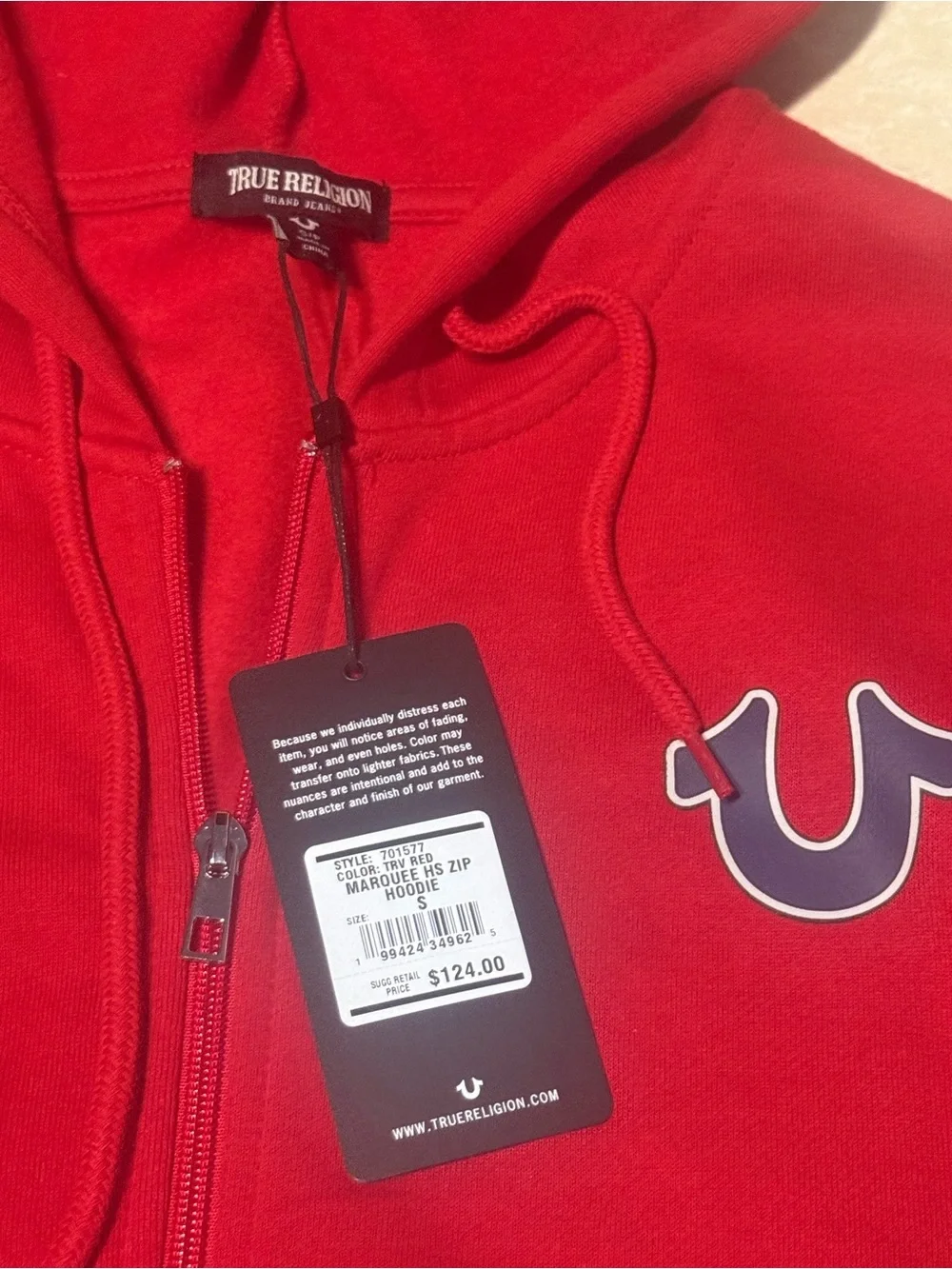 True Religion Mens S Red Full Zip Hooded Fleece Hoodie Logo Graphic Pockets